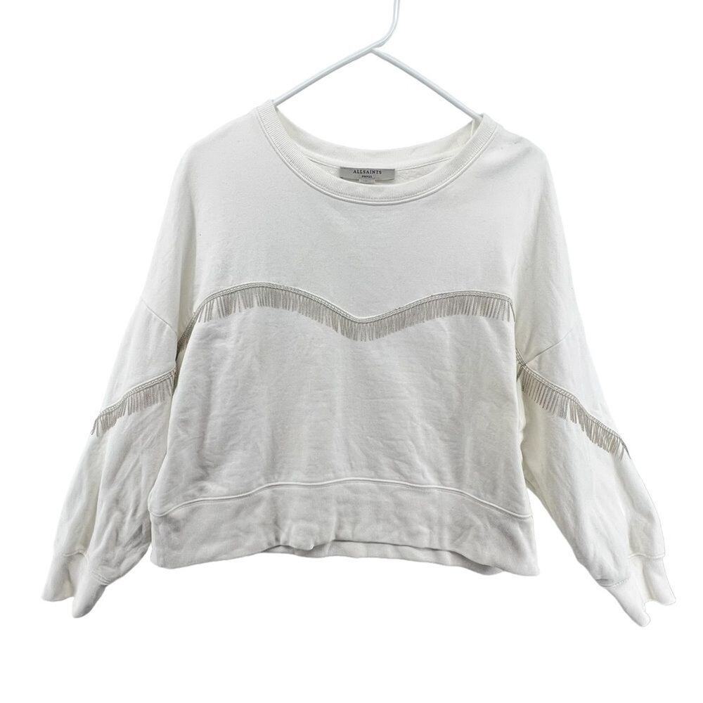All saints Uda Chain Trim Crop Sweatshirt Size Small White Metal Fringe Cotton